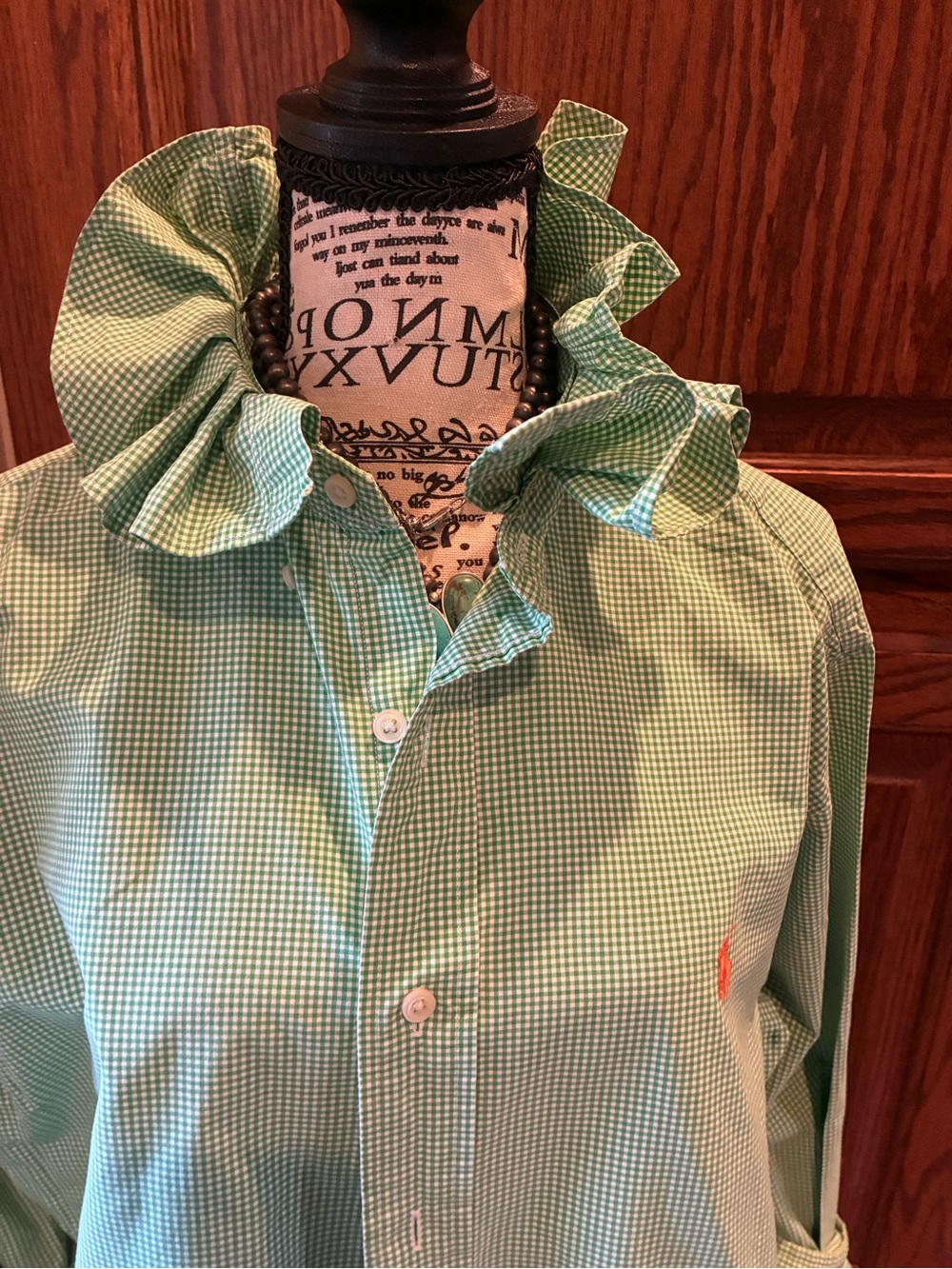 Ruffled Collar Gingham Button-Up Kids Shirt - Green